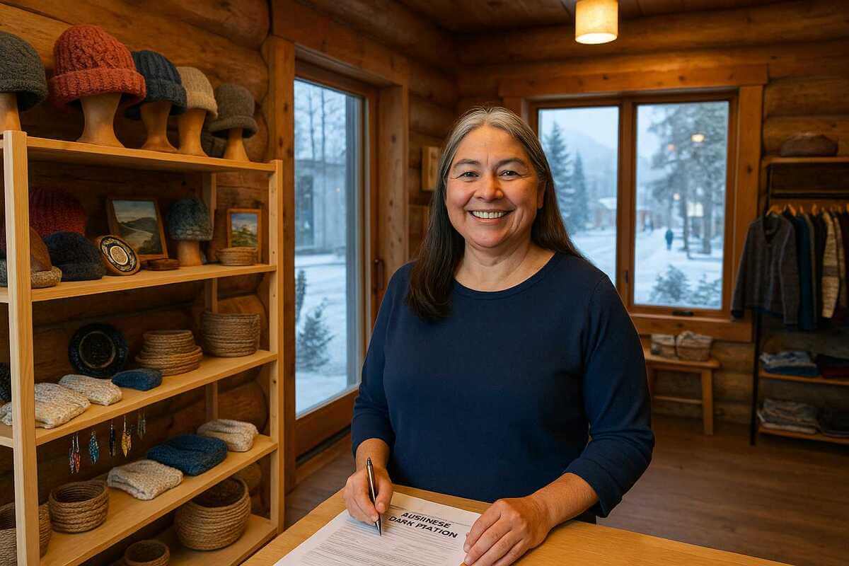 Small business owner in an Alaskan craft store with winter goods, representing the Alaska Sales Tax Guide.