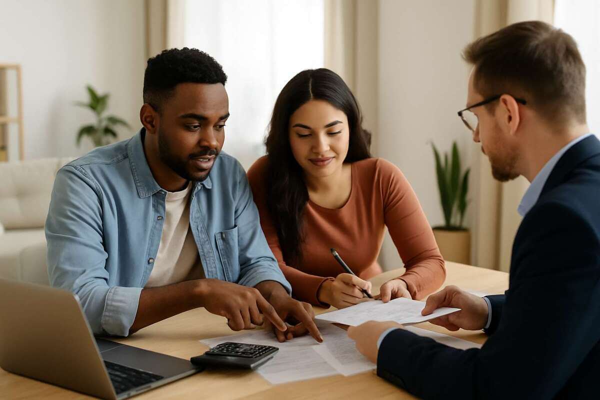 A young couple sits at a wooden table in a well-lit California home, attentively reviewing financial documents with a real estate agent, symbolizing the guidance and paperwork often involved when applying for a Closing Cost Grant in California.