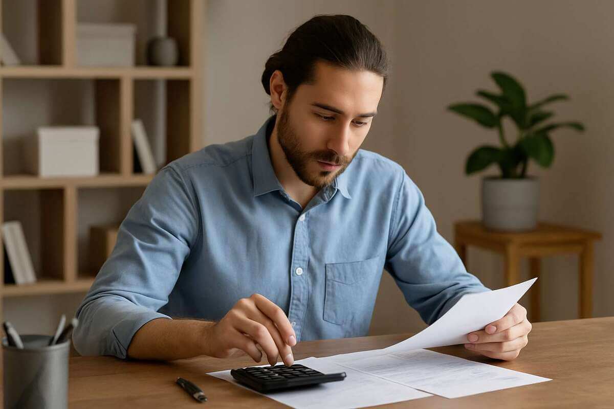 A focused young professional works through financial paperwork at a wooden desk in a minimalist office, reflecting the precision and attention required in day-to-day Denver Business Accounting practices.