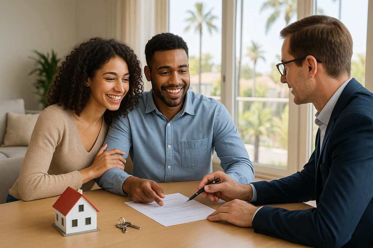 First-Time Home Buyer – A diverse couple sitting with a real estate agent in a sunny California home, reviewing home purchase documents with keys and a model house on the table.