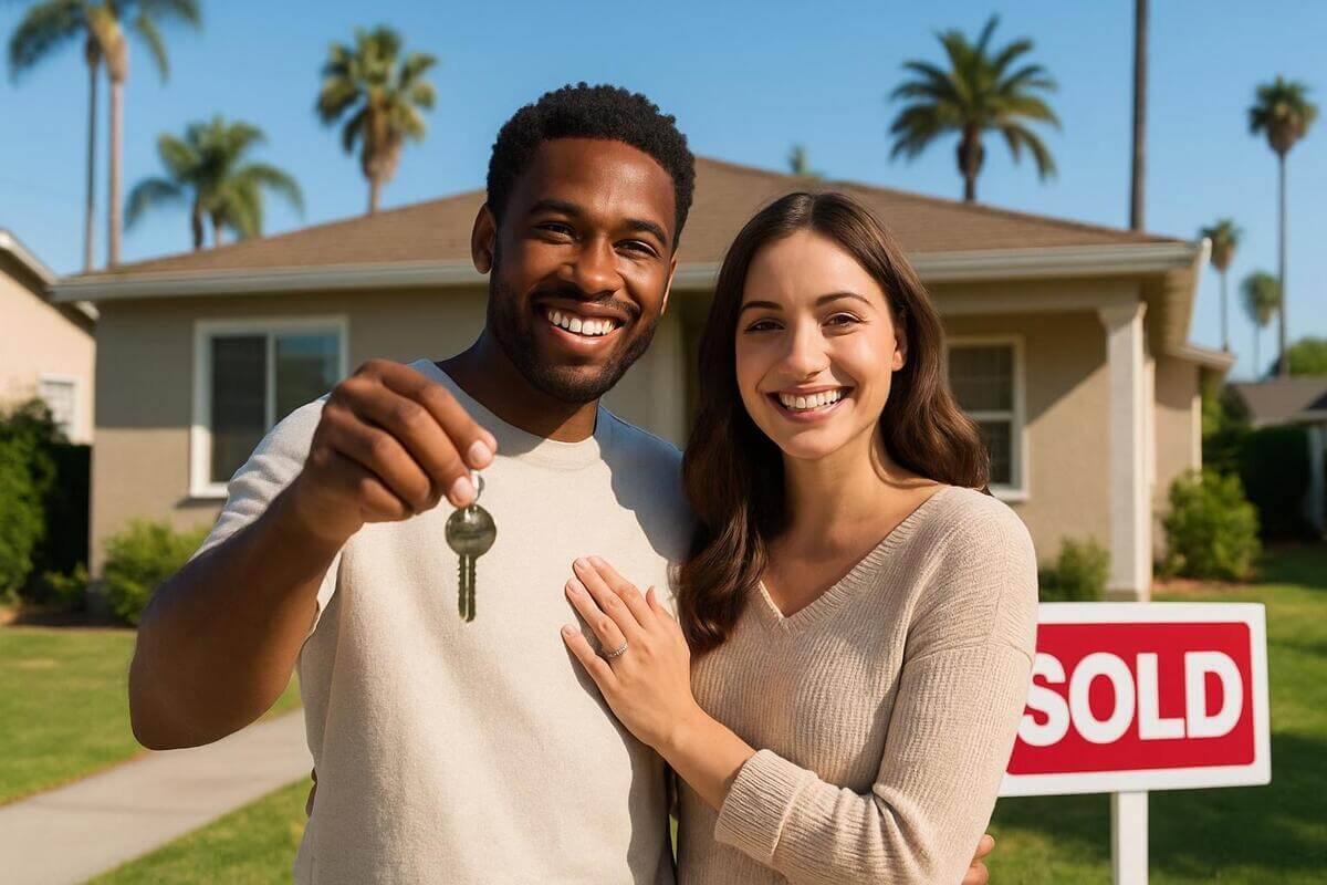 First time homebuyer credit in California – A young, diverse couple smiling in front of their new suburban home under a sunny sky, holding keys with a sold sign nearby.