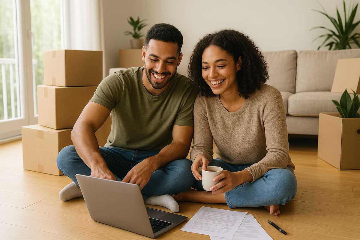 A happy couple sitting on the floor of their new home, reviewing paperwork representing first-time homebuyer tax refunds.