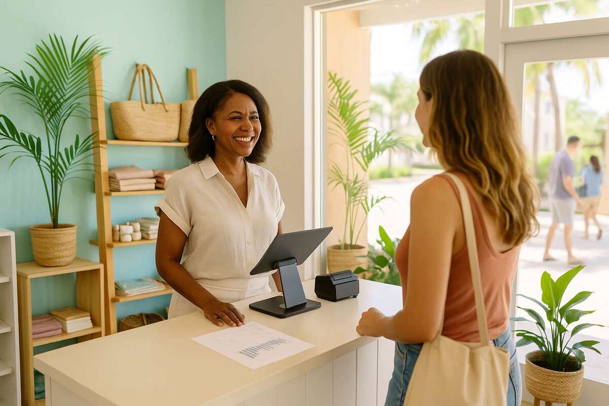 Business owner assisting a customer in a Florida beachside shop, representing the Florida Sales Tax Guide.