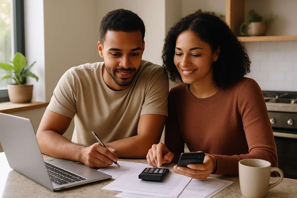 A young couple smiling as they review documents and use a calculator and laptop together in a sunny kitchen representing Homebuyer Tax Credit.