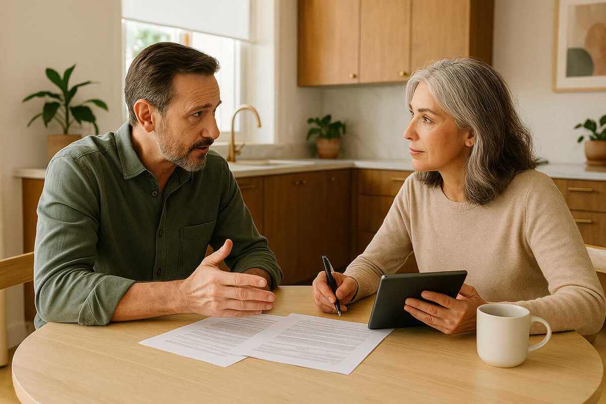 A thoughtful married couple sits at a kitchen table, quietly reviewing documents and discussing finances, capturing a moment that reflects the importance of clear communication around income reporting for married individuals in a shared household.