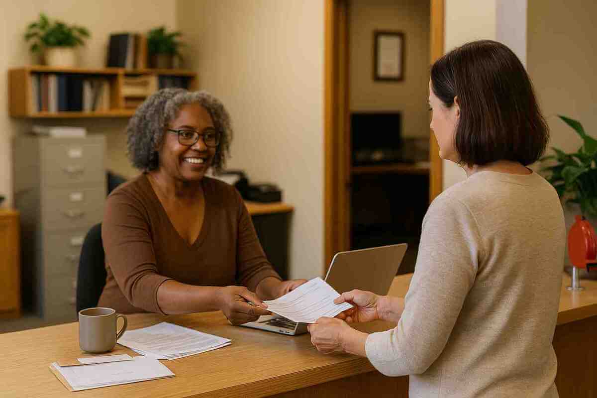 Inside a Jefferson County government office, a local resident hands over tax documents at the service counter, reflecting a real-life moment associated with handling Jefferson County personal property tax responsibilities.