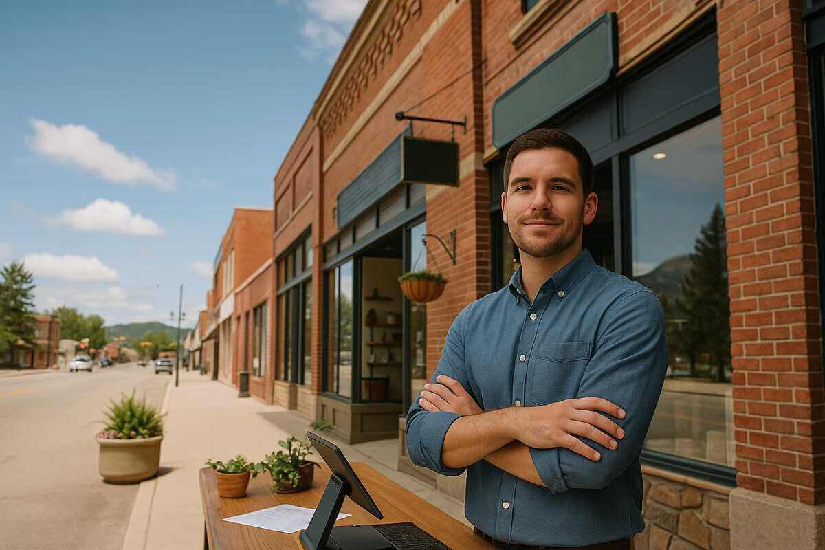 Small business owner standing outside a Kansas storefront, representing the Kansas Sales Tax Guide.