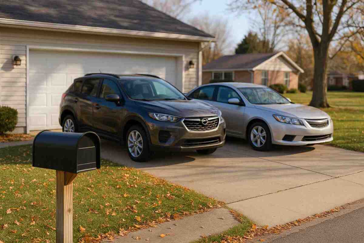 A peaceful suburban Missouri neighborhood during spring, where two family cars are parked in the driveway and a mailbox stands by the curb—quietly echoing the rhythms of Missouri PPT frequency tied to seasonal tax responsibilities.