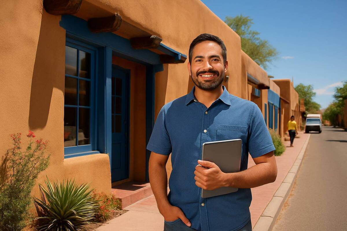 A small business owner standing outside an adobe storefront in New Mexico, representing New Mexico Sales Tax compliance.