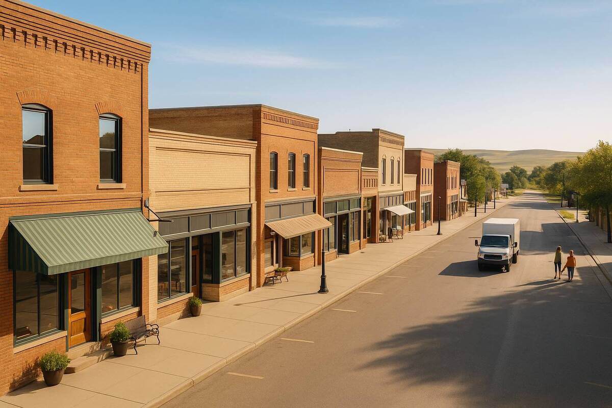 Aerial view of a small business district in North Dakota under daylight, representing North Dakota Sales Tax compliance.