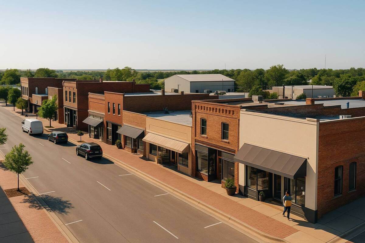Aerial view of a small business district in Oklahoma with storefronts and a delivery van, representing Oklahoma Sales Tax compliance.