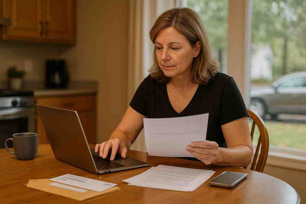 A woman sits at her kitchen table in a quiet home, sorting documents and using her laptop, capturing a relatable moment that reflects how many residents handle everyday tasks like how to pay personal property tax Clay County.