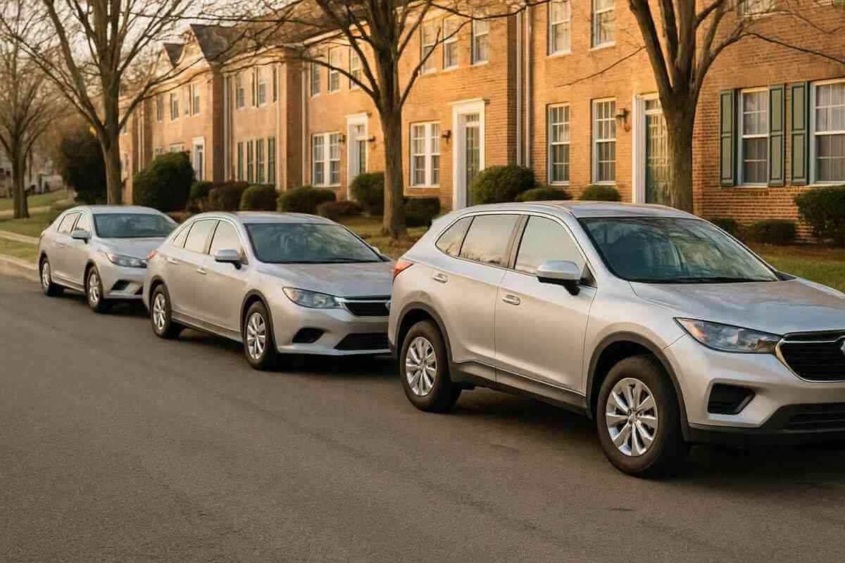 A quiet suburban Virginia neighborhood at sunrise with several parked vehicles lining the curb, subtly illustrating common assets subject to local levies like the personal property tax on a car in Virginia.
