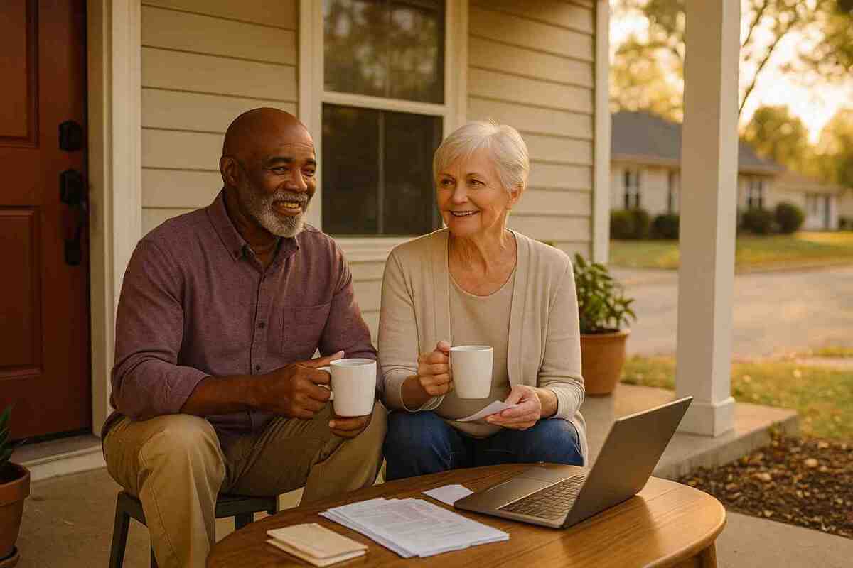 An elderly couple sits peacefully on the front porch of their suburban Missouri home, sipping coffee under warm sunlight, subtly evoking the sense of security that can come with age-related exemptions like those related to personal property taxes in Missouri.