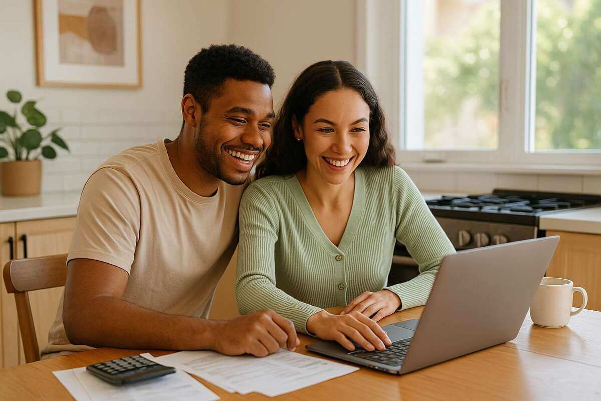 Tax Breaks – A young couple smiling while reviewing tax documents and using a laptop in their sunlit kitchen.
