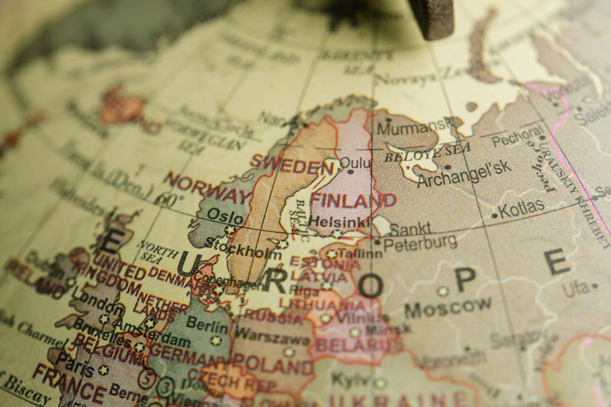 Close-up map of Europe highlighting countries like Sweden, Finland, Norway, and the UK, representing living in Europe as a US retiree.