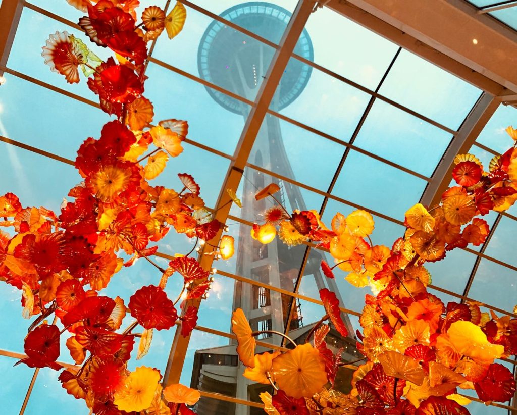 Glass sculpture and the Space Needle at Chihuly Garden and Glass, Seattle