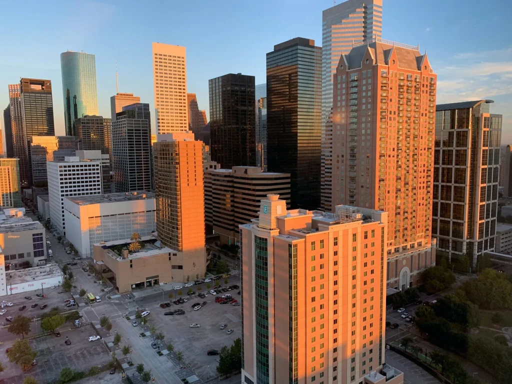 Downtown Houston skyline in warm evening light