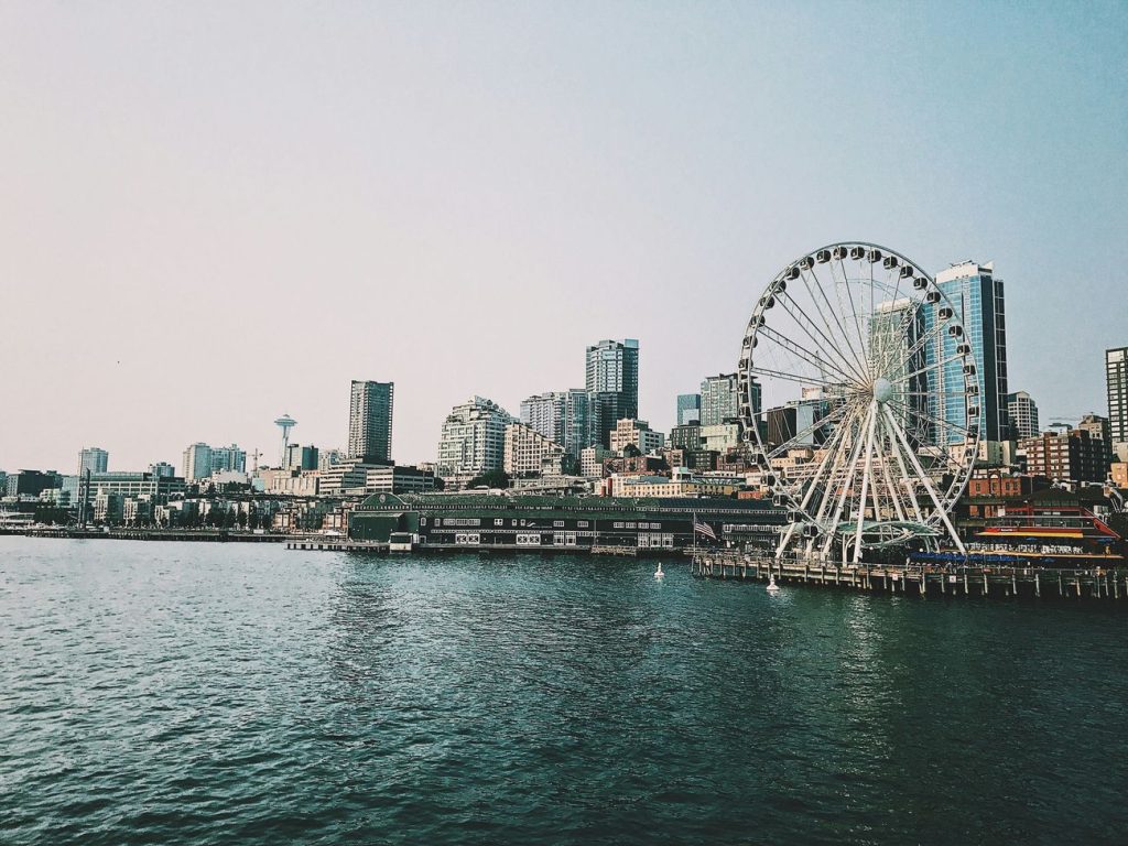 The Great Wheel on the Seattle waterfront with the downtown skyline