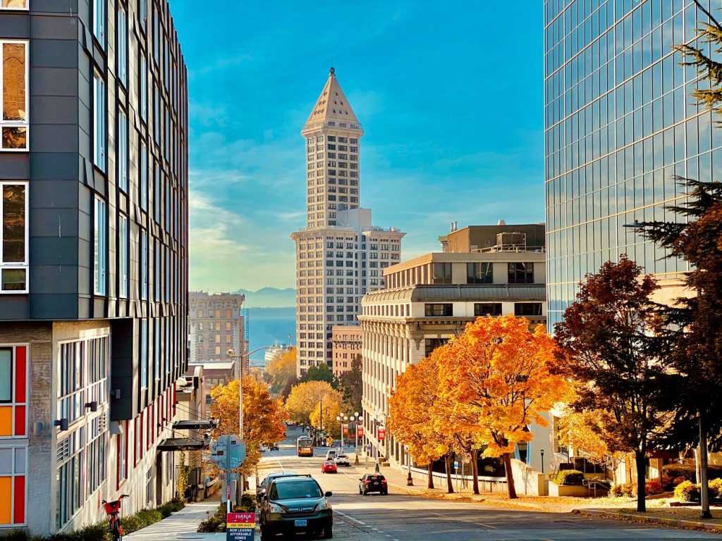 Smith Tower seen down a Pioneer Square street in Seattle