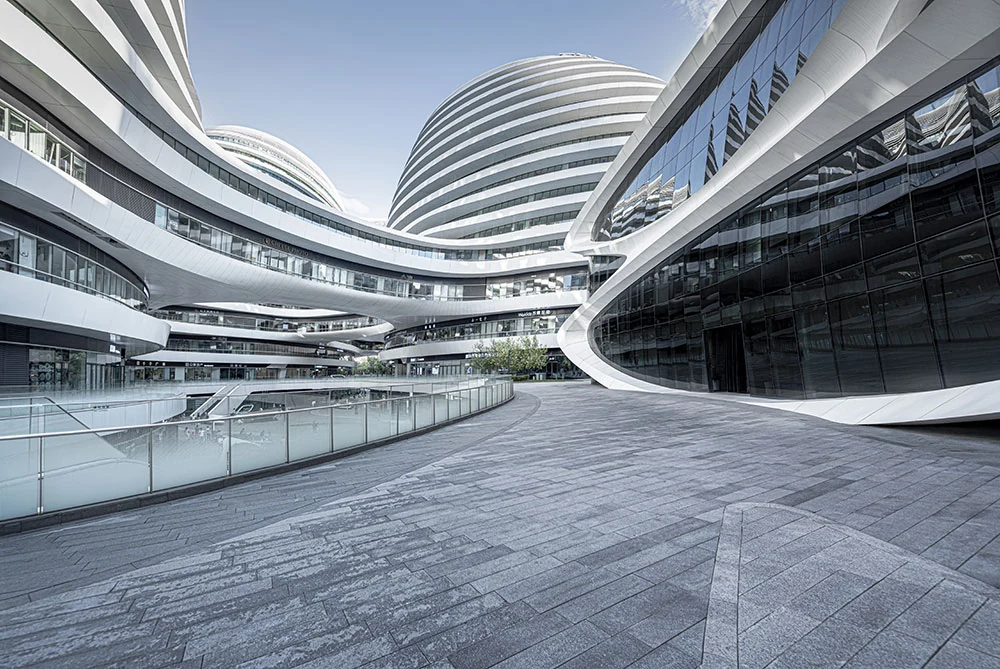 Contemporary business buildings and a broad courtyard